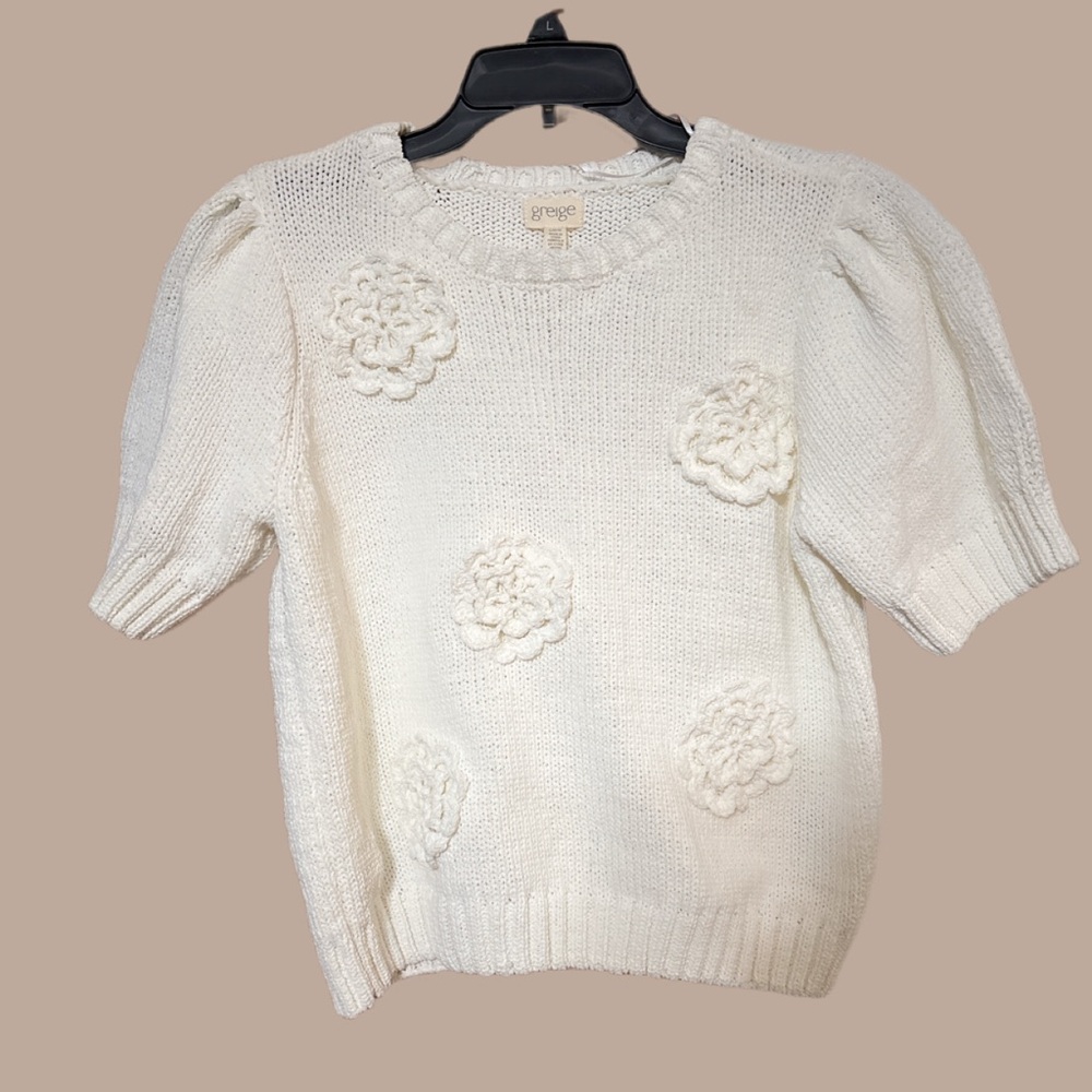 J Jill | Greige Cream Knit Sweater with Floral Details